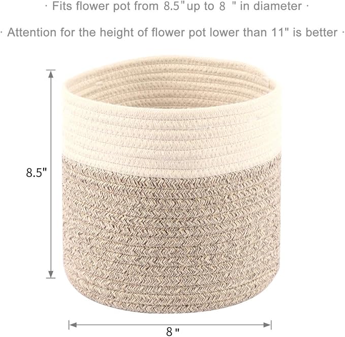 Cotton Rope Plant Basket Modern Woven Basket Pot Indoor Planter Up to 8 Inch Pot Storage Organizer Basket Rustic Home Décor (8.5''x8.5'', Grey&White)