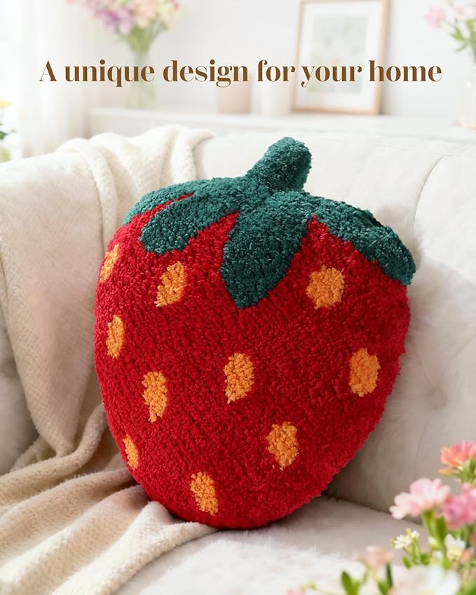 Strawberry Shaped Throw Pillow - Cute Decorative Plush Throw Pillow for Couch, Sofa, or Living Room, 17.7" x 13" Red Soft Cushion for Home Decor