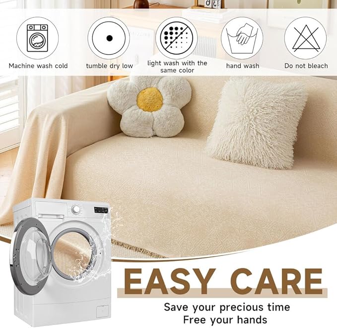 ROOMLIFE Boho Beige Couch Cover for Dogs, Washable Non Slip Furniture Protector Couch Sofa Covers for 3 Cushion Couch, Soft Breathable Sofa Slipcovers Couch Cover Throw Blanket with Tassels71''X134''