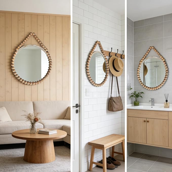 POZINO Wood Beaded Mirror, 20" Boho Round Mirror for Wall, Farmhouse Hanging Rustic Mirrors with Rope, Spherical Frame Circle Mirrors for Bathroom Bedroom Living Room Hallway Fireplace