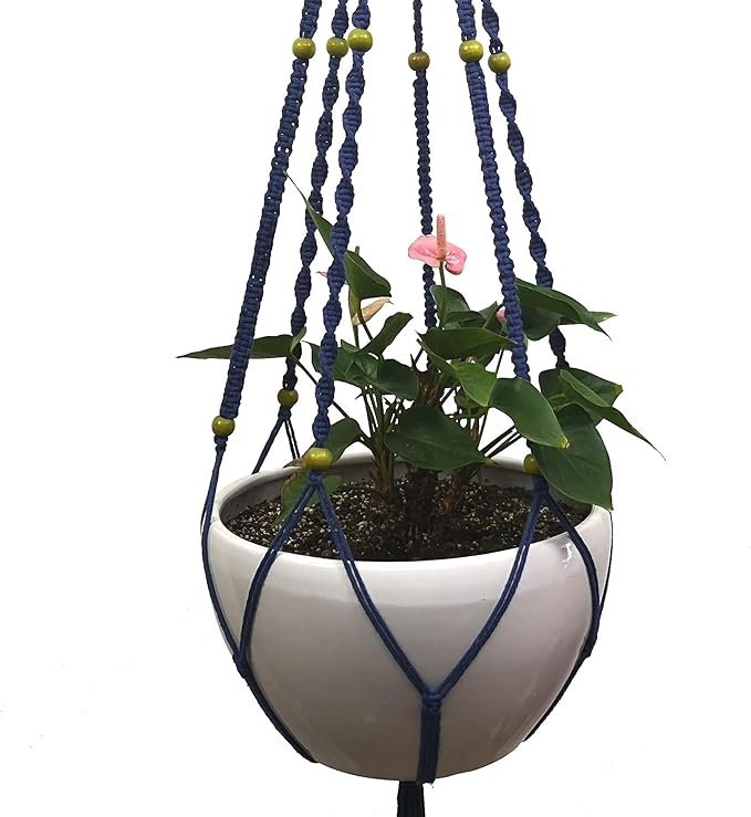 Plant Hanger Macrame Cotton 6 Legs 51 Inches in Tan and Green Color for Indoor Outdoor, Living Room, Kitchen, Deck, Patio, High and Low Ceiling with Size of 10-12 inches Without THE Pot (Navy Blue)