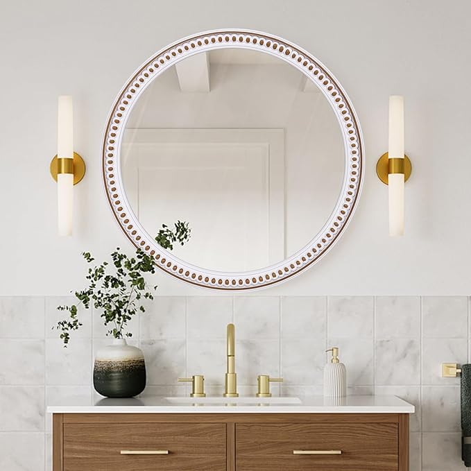 24 Inch Rustic Round Wall Mirror, Farmhouse Wooden Circle Bathroom Vanity Mirror for Entryway, Living Room, Bedroom & Hallway Home Decor