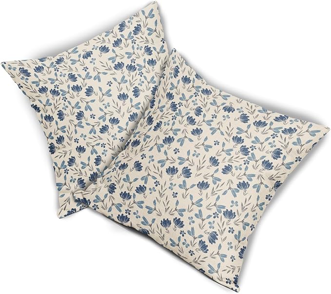 Blue Grey Gray Floral Pillow Covers 16x16 Set of 2 Vintage Rustic Old Style Cute Small Flower Print Decorative Outdoor Pillowcases Farmhouse Throw Cushion Case Decor for Couch Sofa Bed