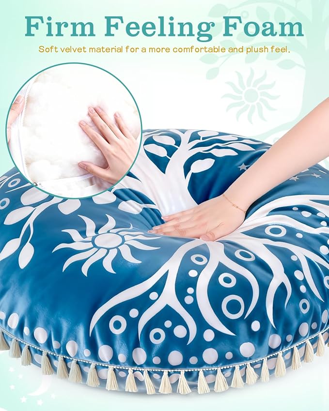 Hihealer Meditation Cushion, Large Velvet Floor Pillow for Yoga, Meditation & Mindfulness, Supportive Memory Foam Bolster (Blue)