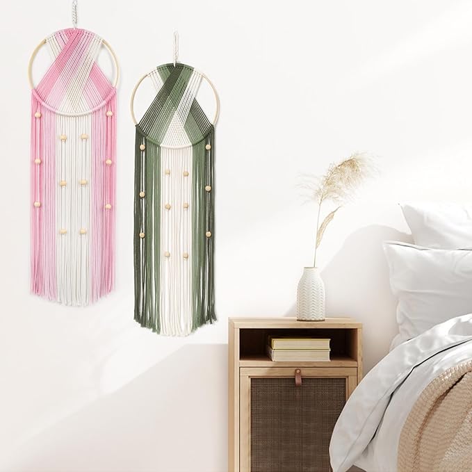 LB 2Pc Boho Macrame Wall Hanging Modern Aesthetic Wall Decor Pink and Green Hand Woven Cotton Macrame Wall Art with Wood beads Boho Tapestry for Home, Bedroom, Living Room