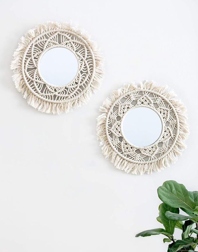 Mkono Hanging Wall Mirror with Macrame Fringe 2 Set Small Round Decoration Boho Antique Mirror for Apartment LivingRoom Bedroom Baby Nursery,Beautiful Gift Ideas