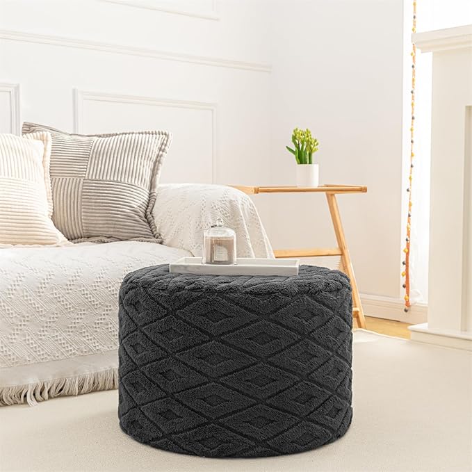 Round Pouf Ottoman 20 x 20 x 14 Inches Boho Poof Home Decor Floor Pouffe Ottoman Foot Rest for Couch Sofa Bean Bag Chairs Living Room Bedroom (Dark Gray)