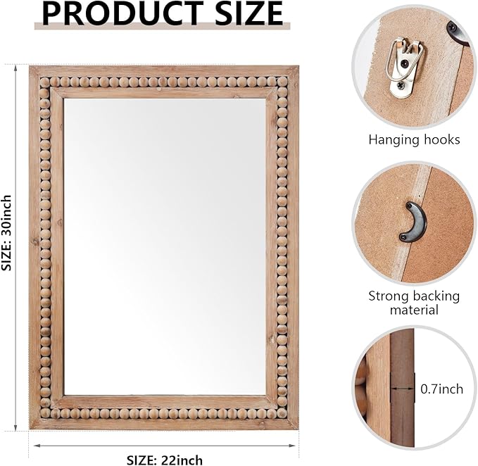 H HOMEWINS Rustic Wooden Mirror,22x30 Inch Farmhouse Boho Bathroom Rectangle Nursery Nature Beads Decor Wall-Mounted Mirror for Bedroom, Living Room,Vanity,Entryway,Over Sink