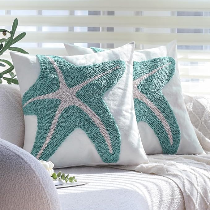 Tufted Starfish Throw Pillow Cover Set of 2, 18x18 Inch Beachy Coastal Decor Pillows for Couch Bed Sofa, Soft Canvas Decorative Pillow Covers with Ocean Theme Accent, Sea Star Tufting Pillowcases