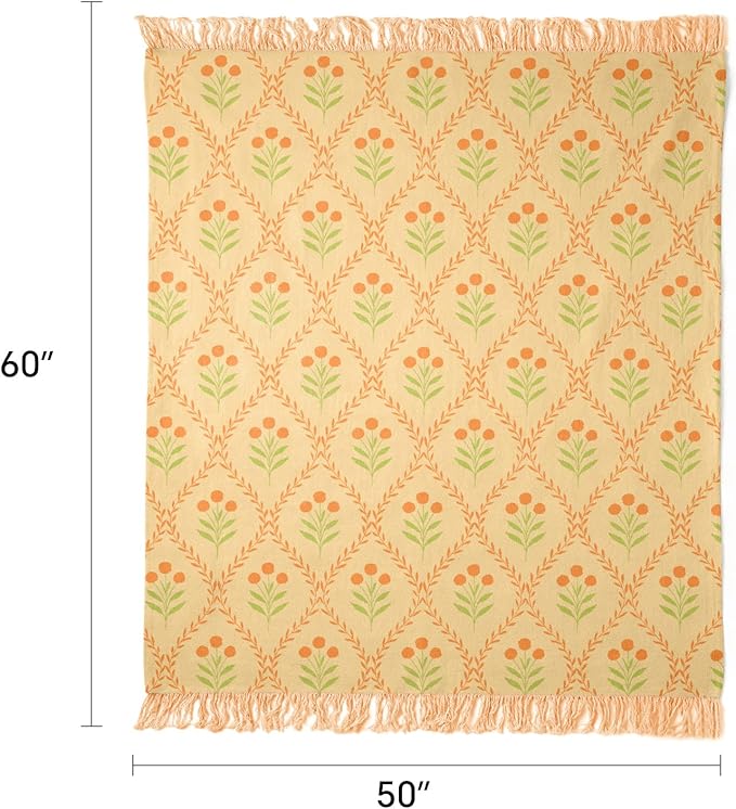100% Cotton Boho Throw Blanket for Home Decor – Classic Farmhouse Quilt Bedding, Muslin Blankets for Adults, Vintage Woven Decorative Blanket for Couch, Bed Layering Use, Vintage Floral, 50"x60"