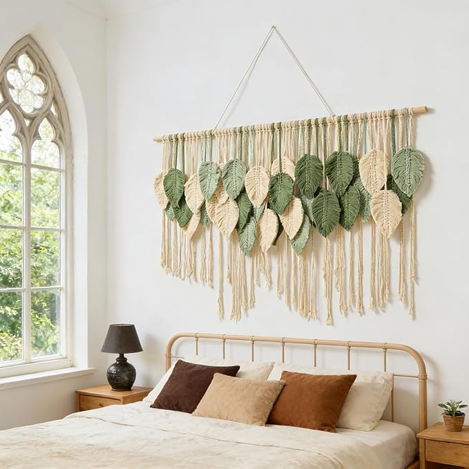 Macrame Wall Hanging Boho Wall Tapestry Handmade Woven Leaf Wall Decor Crochet Wall Art for Home Office Apartment (Green, 51.2" W x 34.3" L)