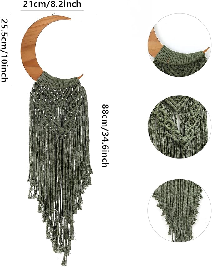 ANROYE Macrame Wall Hanging Boho Moon Decor, Bohemian Crescent Wooden Ornament with Long Tassel, Handmade Unique Wood Tapestry Home Decoration Wall Art Gift for Dorm Bedroom Nursery Living Room