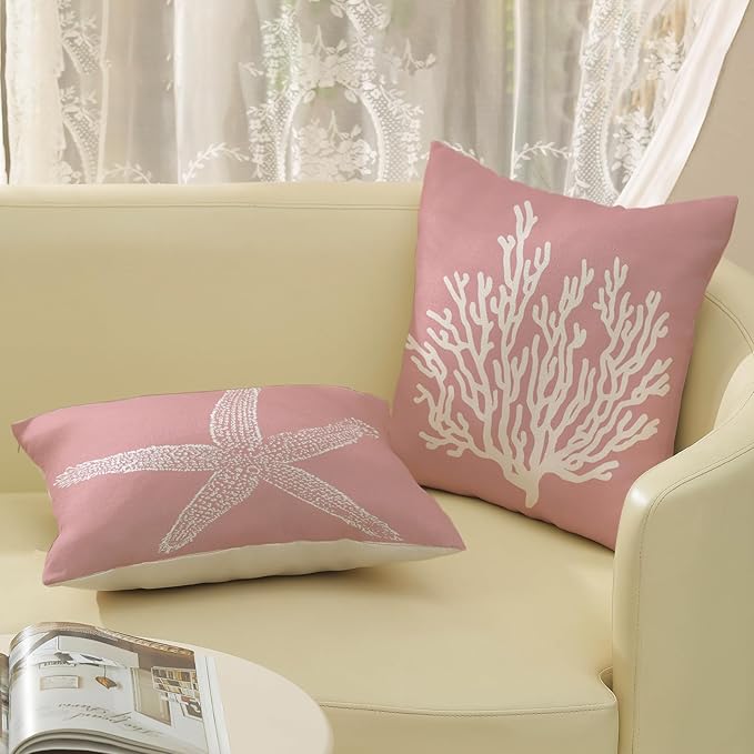 Coastal Pillow Covers 18x18 Inch Set of 2, Pink Coral Starfish Throw Pillows Nautical Ocean Decorations Beach Pillowcase Outdoor Decor Linen Farmhouse Cushion Case for Home Sofa Living Room