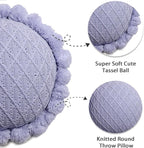 Acrylic Knitted Round Throw Pillow Knitting Bohemian Circular Cushion Pillow with Knit Handmade Pompoms Decorative Romantic Purple, Diameter 18inches