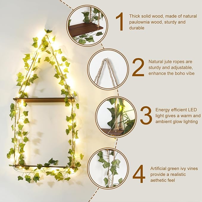 Artilady 2 Pack Artificial Ivy Macrame Hanging Shelves with Lights Boho Wall Decor, 2 Tier Wood Flaoting Shelf Plant Storage Rack for Bedroom Bathroom Living Room Nursery