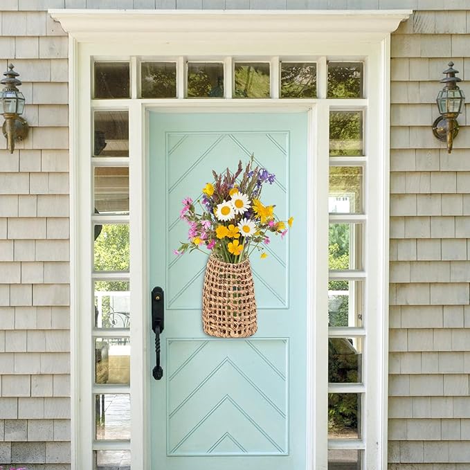 Hiceeden Woven Front Door Basket, Water Hyacinth Hanging Wall Flower Basket, Wall Decor Boho Decoration Veggies Storage Basket for Home, Pantry, Garden, Farmhouse