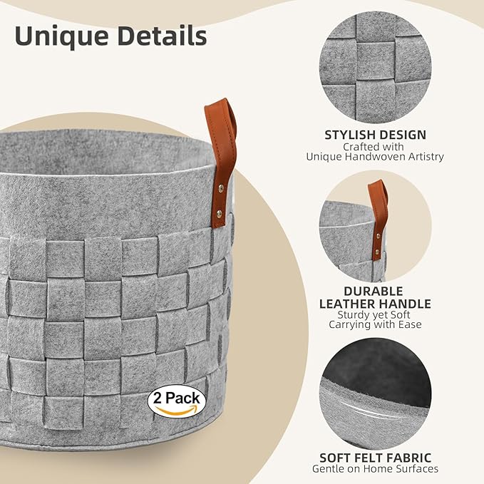 BOLDMONKEY Blankets Basket 15" x15 " x13 " 2 Pack, Storage Baskets for Organizing Round, Living Room Dog Toy Bin for Dirty Clothes, Pillows, Towel-Light Gray