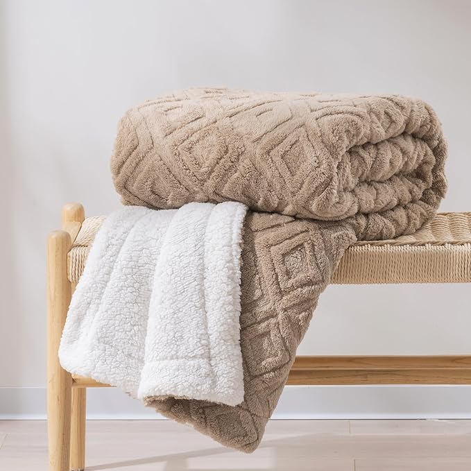 EverGrace Jacquard Boho Sherpa Fleece Throw Blanket for Couch, Super Soft Cozy Fuzzy Plush Blankets for Winter, Reversible Thick Warm Blanket for Bed, Sofa, Living Room, Khaki Tan, 50" x 60"