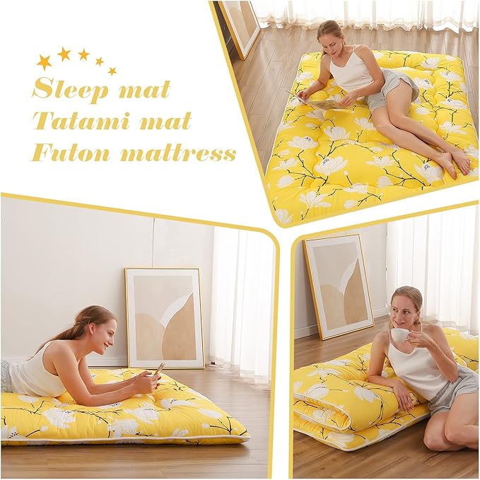Japanese Floor Mattress, Futon Mattress with Portable Storage Bag and Washable Cover, Roll Up Thick Tatami Mat Suitable for Camping, Guest Room, Yellow Flower, Queen