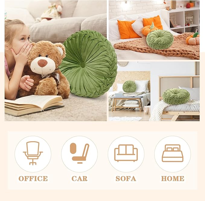 Round Throw Pillows Decorative Pleated Throw Pillows 15'' Diameter Accent Pumpkin Boho Chair Cushion for Couch Sofa Home Decoration(Olive Green,1 Pcs)