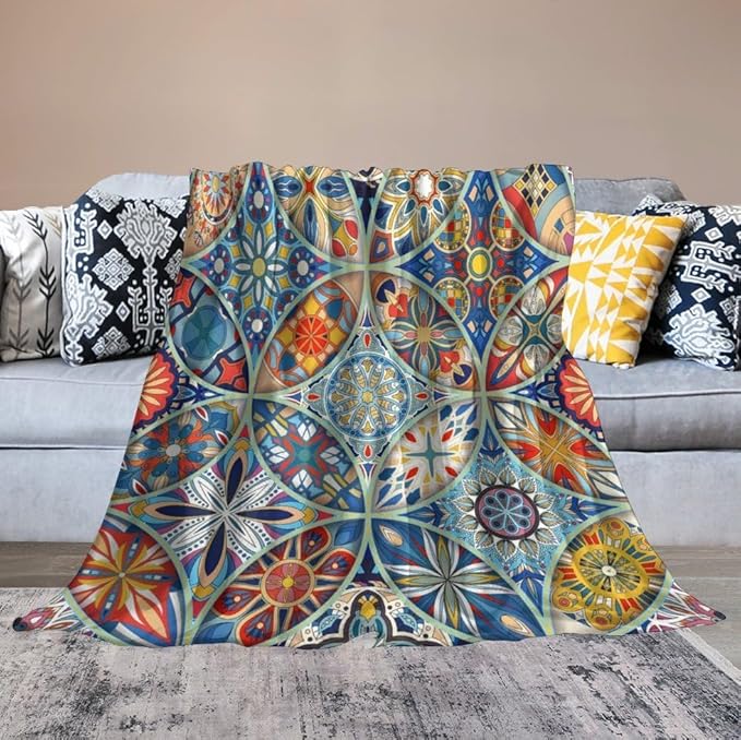 Boho Floral Throw Blanket Colorful Bohemian Mandala Blanket for Sofa Bed Couch Chair Or Dorm 70"x80"