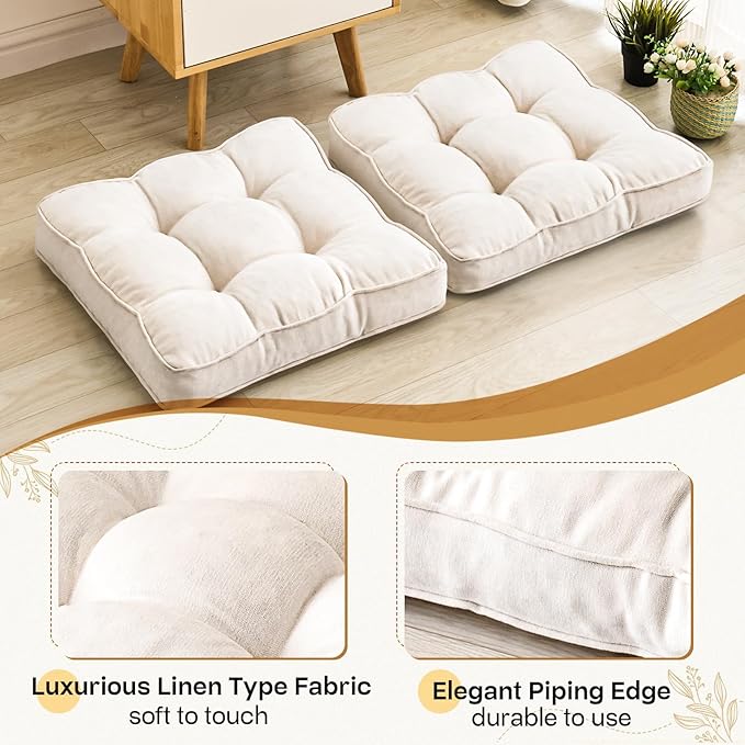 Floor Pillow Set of 2, Memory Foam Floor Cushions for Adults, Large Meditation Pillow for Sitting, 22 x 22 Inches (Square | Beige)
