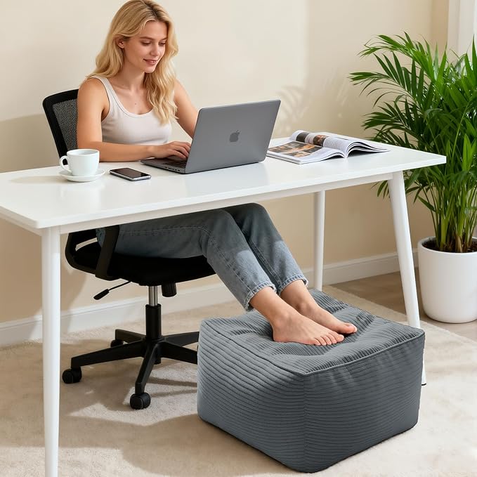Square Pouf Ottoman, Boho Stuffed Square Poufs Ottomans Foot Rest with Memory Foam Filled 21.6 x 15.7 inches Modern Corduroy Ottoman Foot Rest Stool for Living Room, Gray