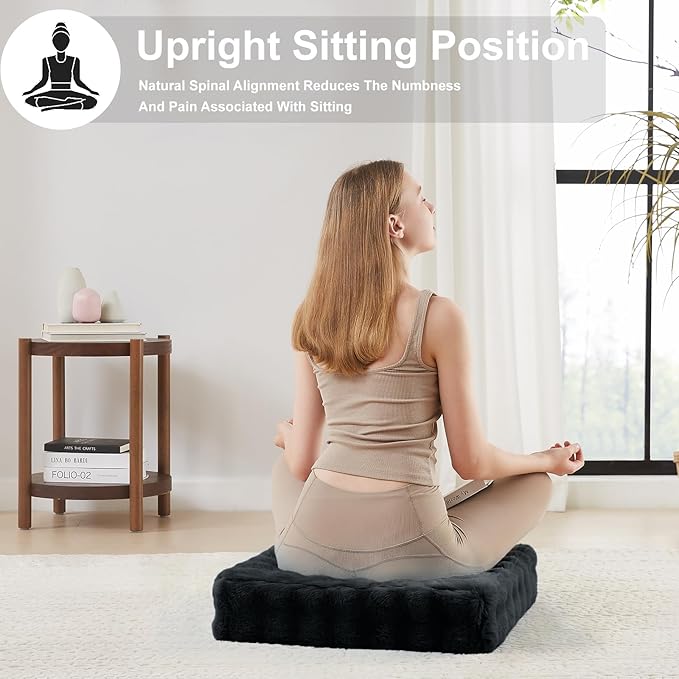 22 inches Floor Pillow for Adults - Large Meditation Cushion with Thick Foam & Soft Tufted Cover - Premium Outdoor Square Floor Cushion Seat - Yoga Pillows for Sitting On Floor - Black