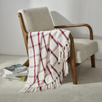 CREVENT 50"X60" Farmhouse Breathable Soft and Warm Chenille Plaid Throw Blanket for Sofa Couch Bed, Home Decoration Throw with Tassles (Red & White)