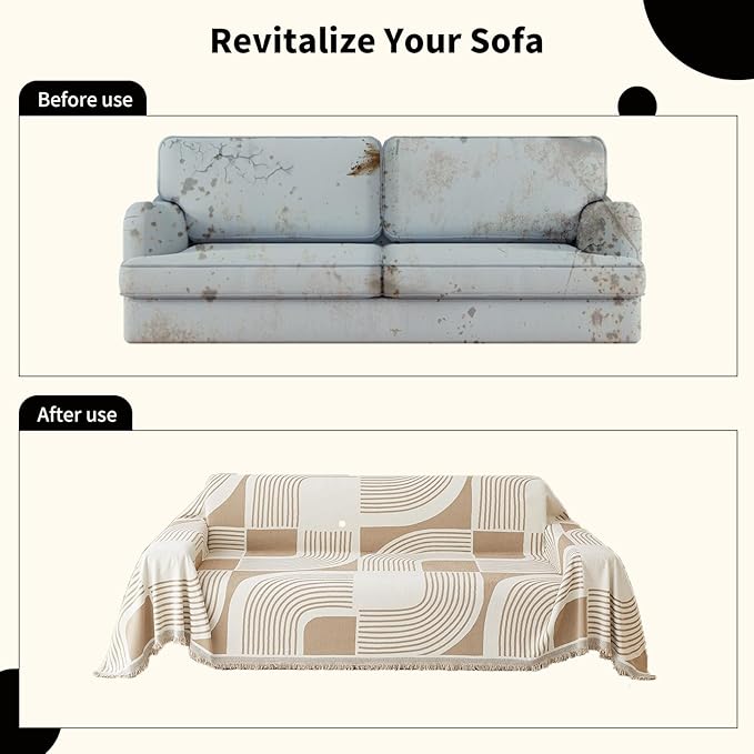 Boho Couch Cover Sofa Covers Washable, Chenille Couch Covers for 3 Cushion Couch Sofa Pet Friendly, Bohemian Sofa Slipcovers for Sectional Sofa, Loveseat, 2 3 4 Seater (91" x 150", Khaki)