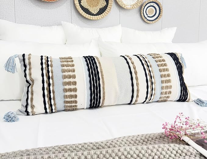 Chenille and Cotton Long Pillow for Bed, Striped Textured Boho Lumbar Throw Pillow Cover 14x36, Neutral Accent Decorative Extra Long Body Pillow Case for Couch, Sofa, Bedroom, Khaki