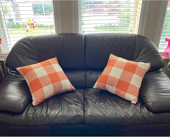 Fall Orange Decor Throw Pillow Covers Outdoor 16x16 Set of 2 Thanksgiving Decorative Buffalo Plaid Checkers Rustic Cushion Cases Autumn Farmhouse Home Decor for Couch Bedroom Outdoor Decorations