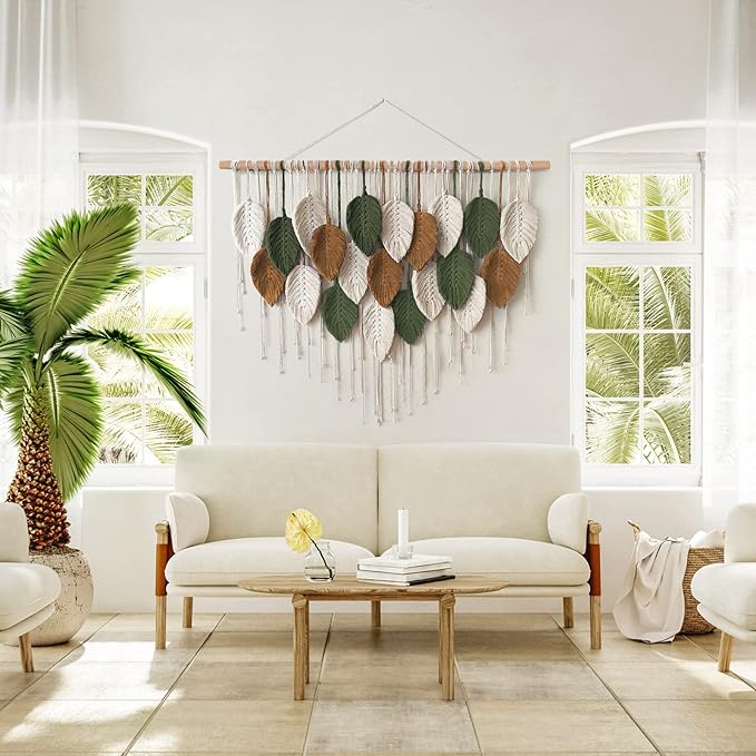 KHOYIME Large Macrame Wall Hanging Boho Woven Tapestry, Chic Home Decor Modern Bohemian Handmade Leaf Feather Wall Art Decorations for Apartment Dorm Living Room Bedroom Nursery Backdrop 39"W X 29.5"L