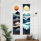 AOHMPT Pack of 2 Long Vertical Tapestry,Nature Landscape Tapestry with Serene Mountain River, Moon & Sun Motifs,Traditional Ink Painting Wall Art,Zen Aesthetic Wall Hanging for Living Room Bedroom Decor 13" W x 51" H"