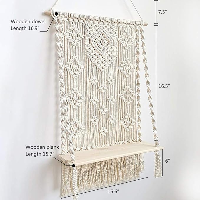 Macrame Wall Hanging Shelf, Handmade Indoor Boho Pot Basket Hanger Holder, Rope Plant Hanger for Wall Decor (White)