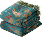 Boho Throw Blanket, 100% Organic Cotton Breathable Ultra Soft 91" x 108" King Bed Quilt Throw - Floral Rustic Bird Farmhouse Decor Luxury Blanket for Sofa Couch Chair and Gift,Teal/Beige