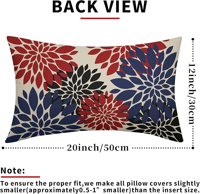 4th of July Pillow Covers 12X20 Inch Set of 2, Blue Red Black Modern Dahlia Floral Print Holiday Decorative Throw Pillow Covers Outdoor Farmhouse Cushion Case for Couch Sofa Bed Decor