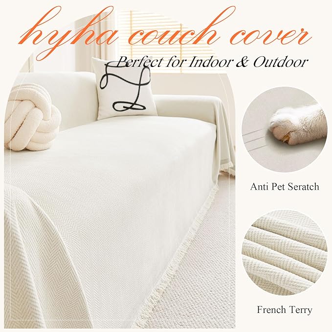 hyha Couch Cover for Dogs, Boho Sofa Covers for 3 Cushion Couch Washable, Chenille Sofa Slipcover for Pets, Soft Loveseat Sectional Couch Throw Blankets with Tassels (Beige, 71x91 Inch)