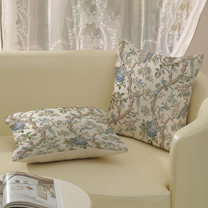 Blue Green Floral Bird Pillow Covers 22x22 Set of 2 Chinoiserie Throw Pillows Green Vintage Flowers Bird Decorative Pillow Cases Outdoor Chinoiserie Decor Farmhouse Cushion Case for Couch Sofa