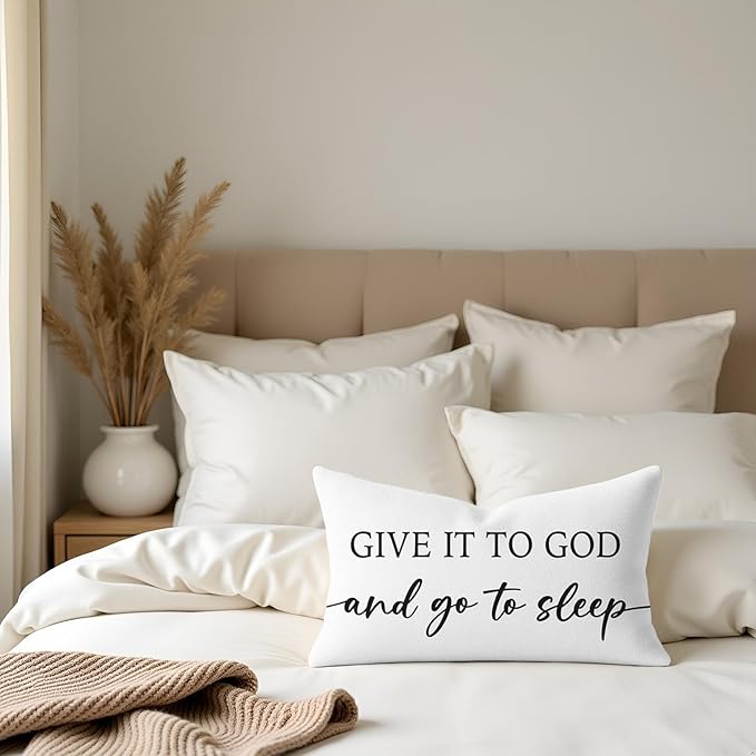 Decorative Throw Pillow Covers 12x20 Inch Set of 2 – White Christian Lumbar Pillowcase – Give It to God and Go to Sleep/Relax God’s Got This – Faith Bedroom Bed Decor for Women