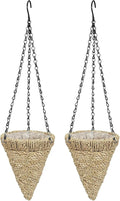 2 Pcs Hanging Plant Flower Basket for Outdoor Spring Decoration, 7.87 Inches Black Iron Chain Wicker Woven Conical Artificial Flower Hanging Basket, Plants Not Included (Brown)