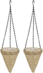 2 Pcs Hanging Plant Flower Basket for Outdoor Spring Decoration, 7.87 Inches Black Iron Chain Wicker Woven Conical Artificial Flower Hanging Basket, Plants Not Included (Brown)