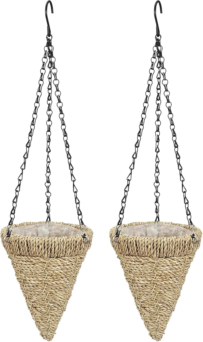 2 Pcs Hanging Plant Flower Basket for Outdoor Spring Decoration, 7.87 Inches Black Iron Chain Wicker Woven Conical Artificial Flower Hanging Basket, Plants Not Included (Brown)
