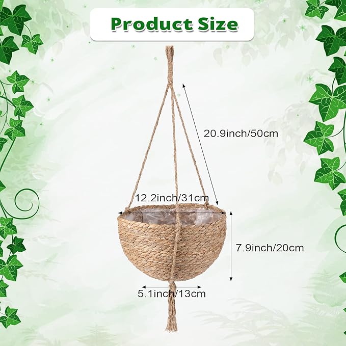 4 Pieces Hanging Planter Basket Set Jute Rope Plant Hangers Hand Woven Storage Flower Pot with Waterproof Plastic Liner Indoor Boho Hanging Plant for Home Office Yard Decor, 12.2 (D) 7.9 (H) Inch