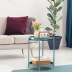 TeoKJ 2 Tier Round Side Table, Folding Round Metal End Table Small Nightstand with Two Removable Tray for Bedroom Living Room Bedside Small Spaces Blue Gray