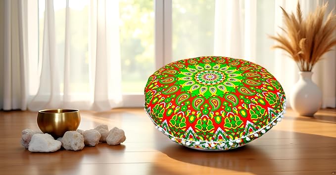 CRAFT KALA 22" Round Mandala Comfort Meditation Floor Pillow Cover, Large Pillows Seating Cover for Adults, Cushions Cover for Outdoor Yoga Fireplace Living Room Ottoman Cover Green Red Flower