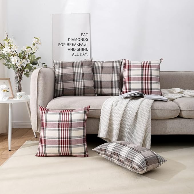 CARRIE HOME Red Christmas Tartan Plaid Pillow Covers 18x18 Set of 2 Farmhouse Buffalo Plaid Red Striped Throw Pillow Cover for Living Room Couch Sofa