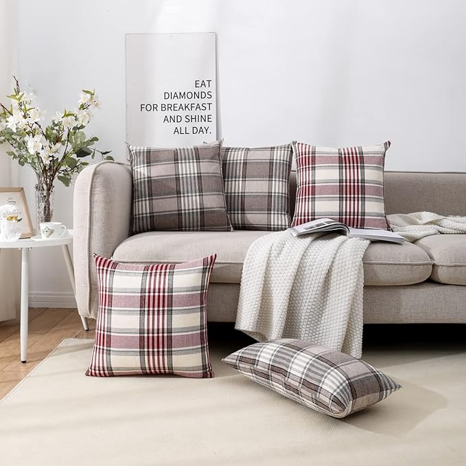 CARRIE HOME Brown Plaid Pillow Covers 18x18 Set of 2 Farmhouse Plaid Decorative Throw Pillows for Living Room Couch Sofa
