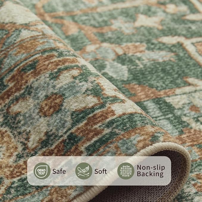 8x10 Area Rugs for Living Room Bedroom, Large Washable Rug, Green Vintage Retro Boho Rug, Non Slip & Low Pile Faux Wool Thin Carpet for Indoor Dining Room and Kids Room(Green/Brown 8x10ft)