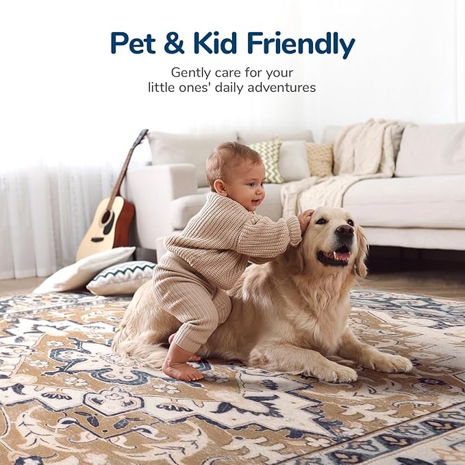 Lessymo 8 x 10 Area Rugs for Living Room- Machine Washable Area Rugs Boho Faux Wool Low Pile Area Rug for Bedroom, Floral Medallion Vintage Rugs with Non-Slip Rubber, Kid & Pet Friendly, Brown Beige